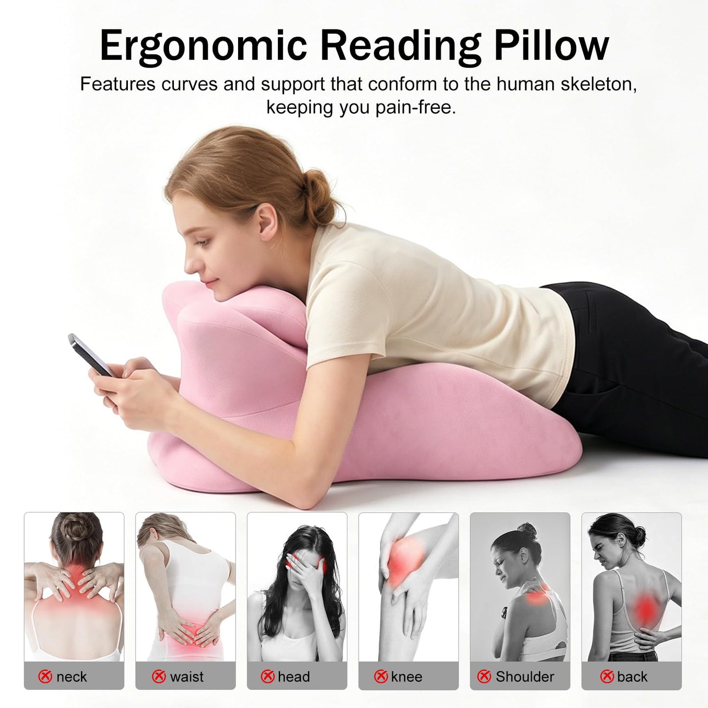 cjc Ergonomic Memory Foam Wedge Pillow Adjustable Reading Pillow for Sleeping Bed Support Prone Pillow for Back Pain with Neck Support,Multi-Position Support Pillow with Removable Cover (Pink)