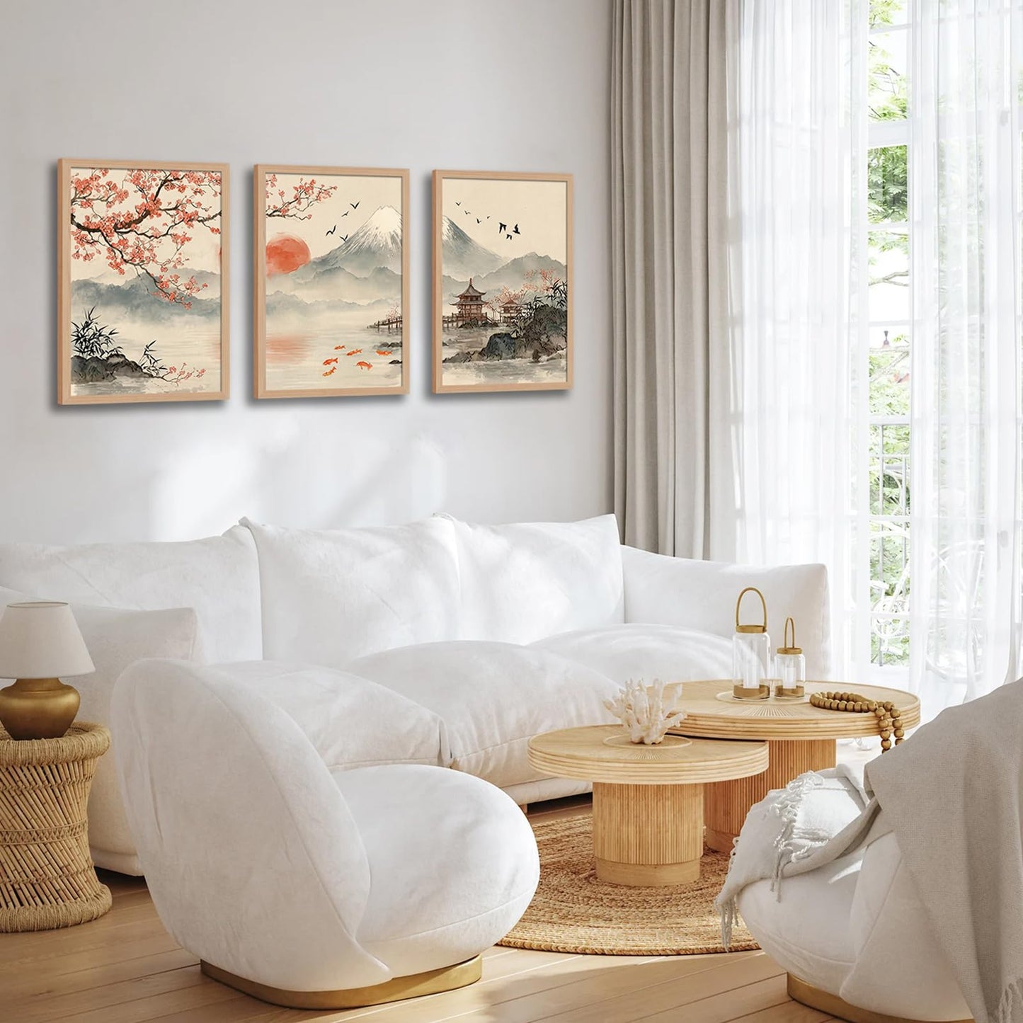 soonkiss Japanese Wall Art Set of 3 with Wooden Frame, Ready to Hang Sakura Cherry Blossom Mountain Sun Landscape Painting Prints for Living Room Bedroom Office 12x16 Inches