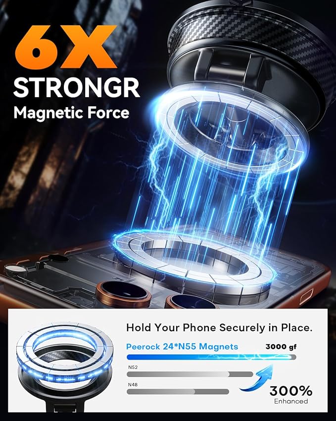 Car Phone Holder for Magsafe Car Mount [108+LBS Strongest Suction & 3000gf Magnetic] Vacuum Magnetic Phone Holders for Your Car 360° Adjustable Carbon Fiber Car Phone Mount for iPhone & Android Black