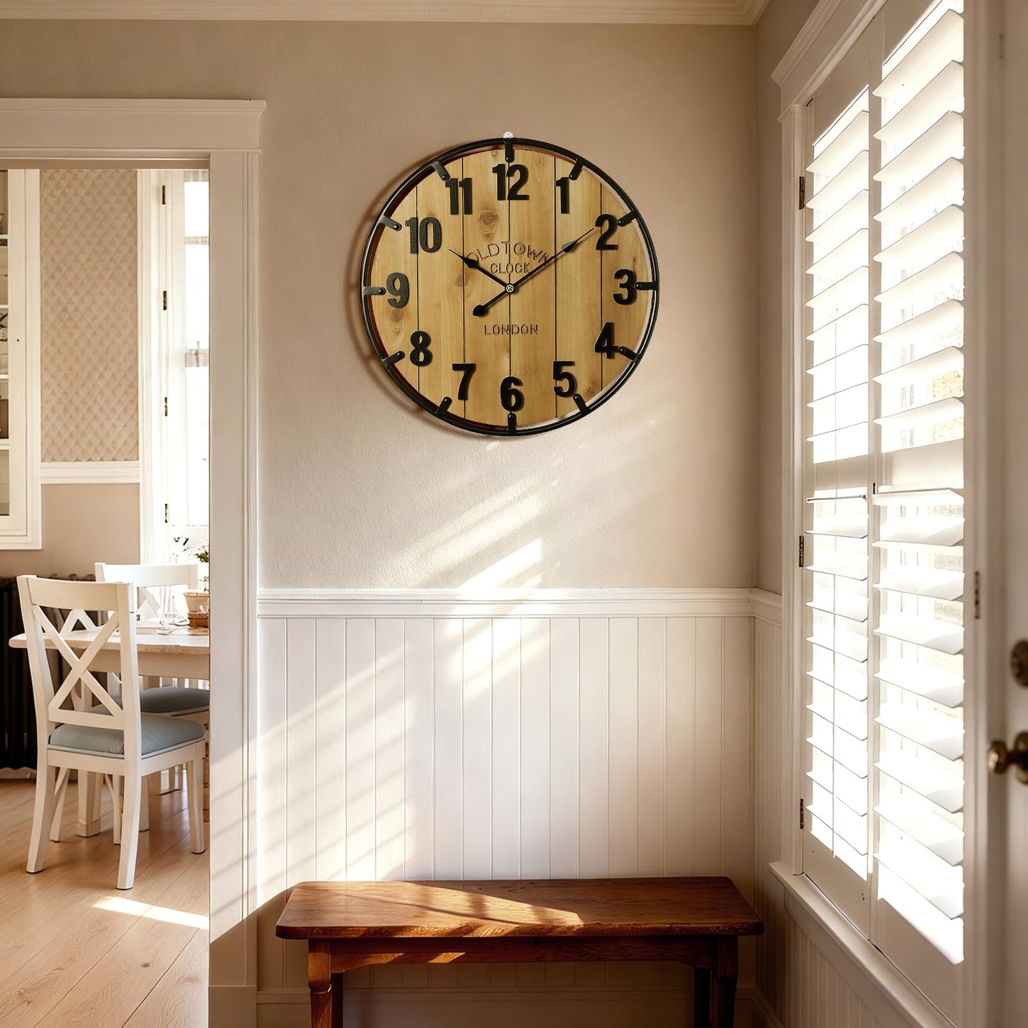 Vantic Farmhouse 24 Inch Extra Large Decorative Wall Clock with Metal Circle, Oversized Wood Wall Clock with Large Arabic Numeral for Living Room, Bedrooms and Offices, Silent and Battery Operated