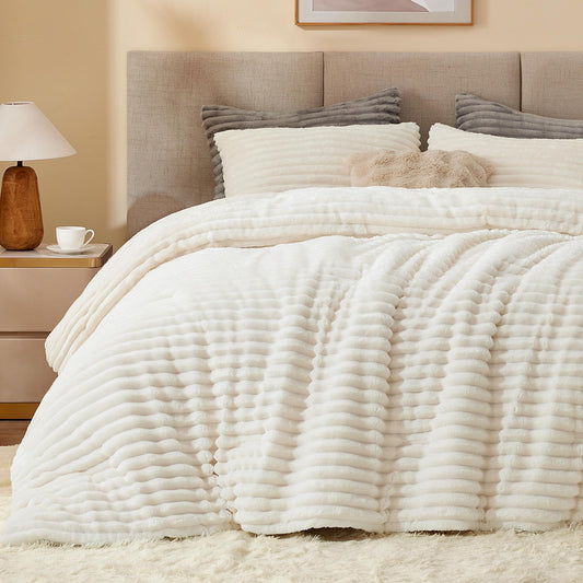 BEDELITE Fleece Queen Comforter Set -Super Soft & Warm Fluffy Cream White Bedding, Luxury Fuzzy Heavy Bed Set for All Season with 2 Pillow Cases