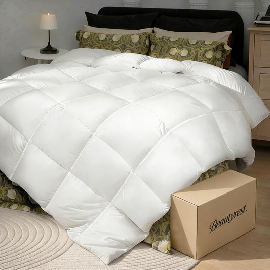 Beautyrest Goose Down Fiber Comforters Twin Size, All Season Luxury White Duvet Insert, 100% Cotton Fabric, Hotel Collection Fluffy Breathable Bedding Comforters, 8 Corner & Center Loops, 68x90 Inch