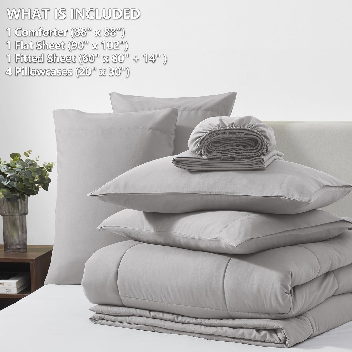 CozyLux Queen Comforter Set French Grey, 7 Pieces Bed in a Bag, Gray Comforters Queen Size, All Season Bedding Sets with Stitch Quilted Comforter, Flat Sheet, Fitted Sheet, Pillowcases