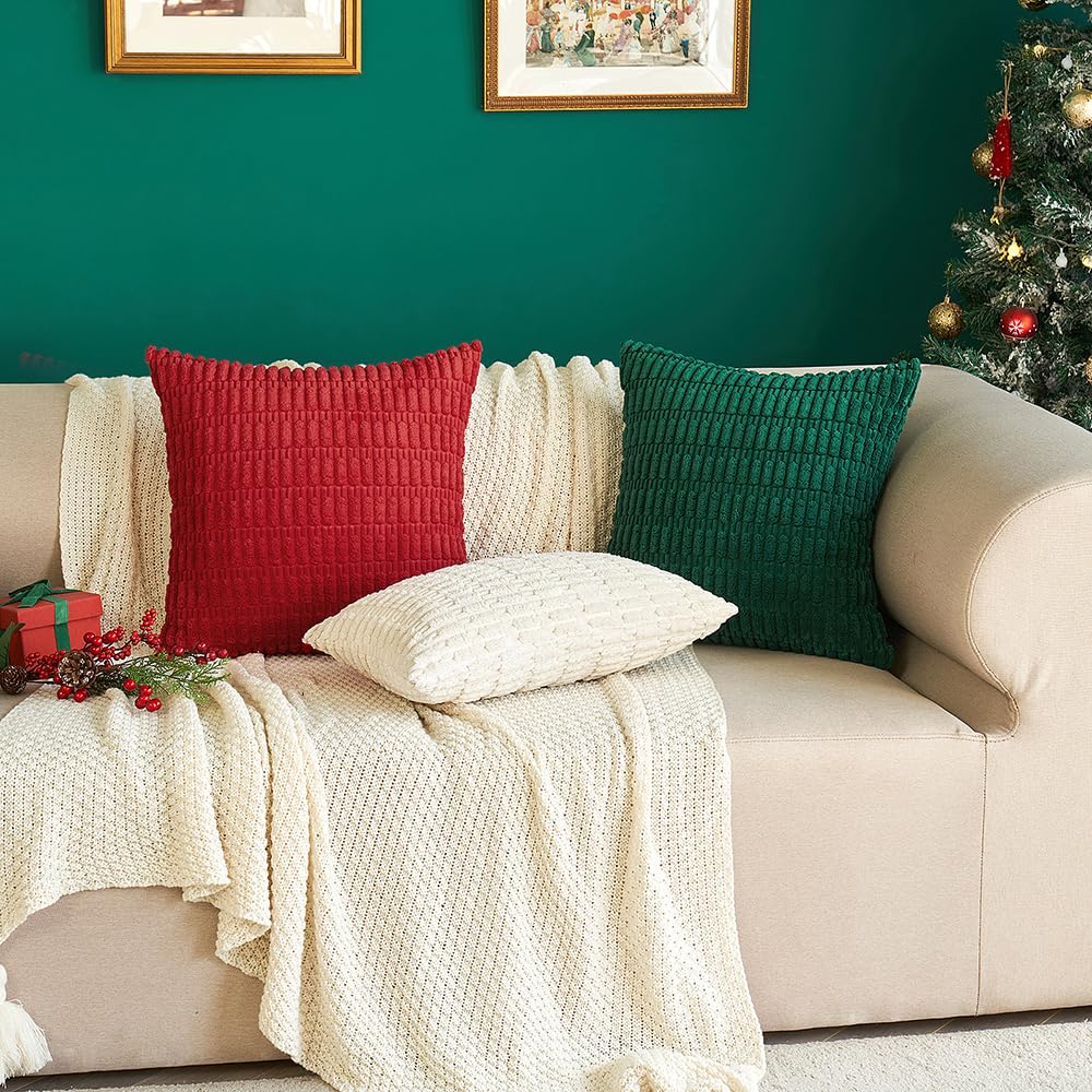MIULEE Pack of 2 Dark Green Corduroy Decorative Pillow Covers 20x20 Inch Soft Boho Striped Throw Pillow Covers Modern Farmhouse Home Decor for Sofa Living Room Couch Bed