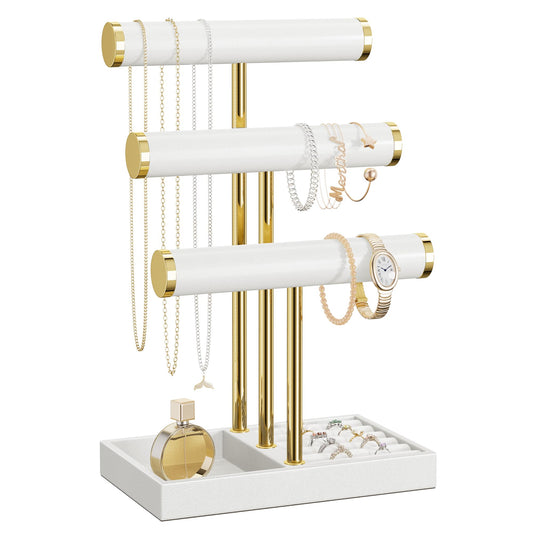 bussdis 3 Tier Bracelet Holder Display - White Leather Bracelet Holder, Detachable T Bar Jewelry Holder Organizer for Bracelet, Necklace, Earrings, Rings, Watches, Bangle