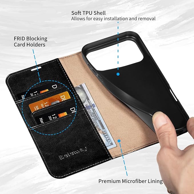 Belemay Leather Wallet Case Compatible with iPhone 17 Pro Max, Premium Cowhide Leather Two-Tone Effect, RFID Blocking Card Holders, Shockproof TPU Shell, Kickstand, Protective Flip Cover, 6.9", Black
