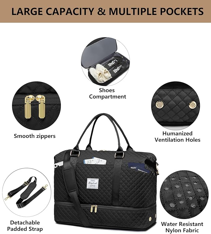 Large Women Travel Duffle Bag - Carry on Overnight Bags Weekend Travel Duffel Tote with Wet Pocket Weekender for Travel Business Trips Sports Hospital Black 3 Pcs Set
