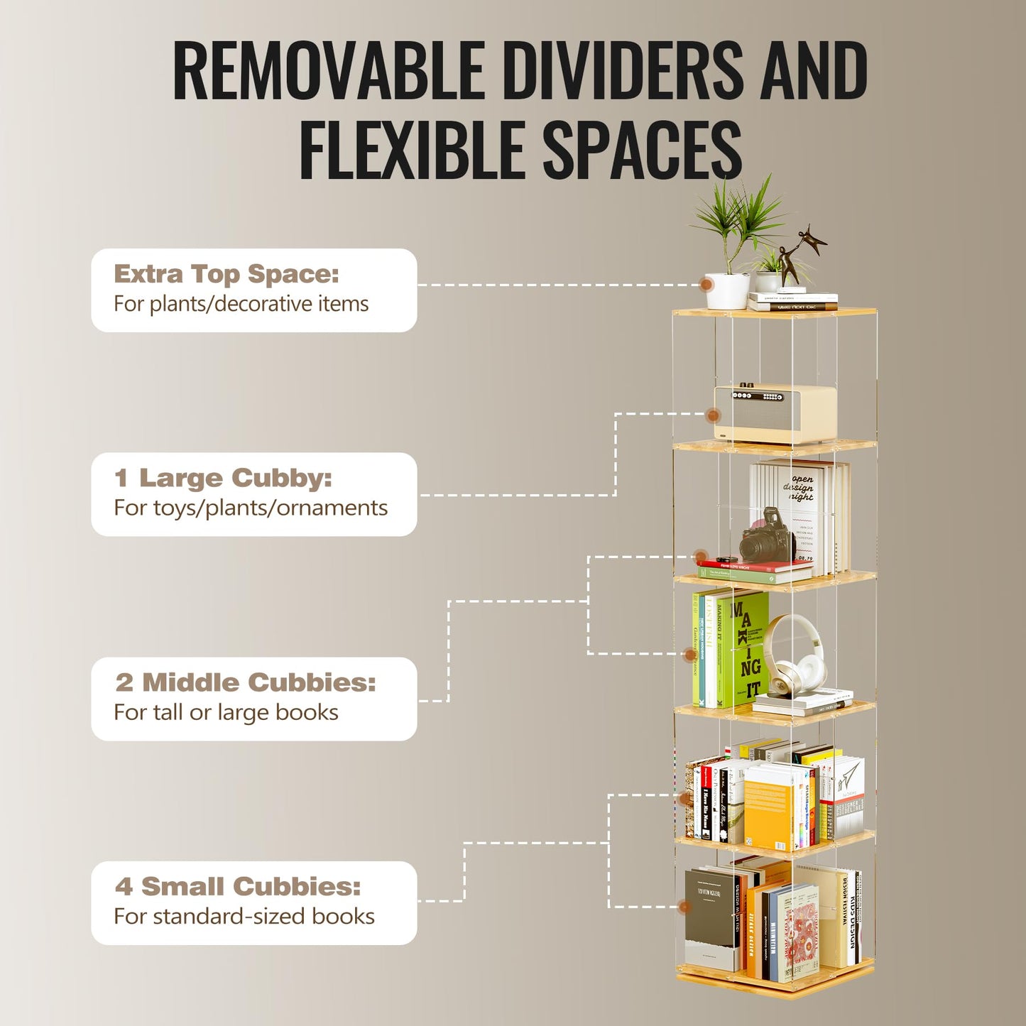 TAKEKIT 5-Tier Rotating Bookshelf, 360° Spinning Book Shelf Tower with Solid Wood & Clear Acrylic, Square Revolving Bookcase for Kids Room, Living Room, Bedroom and Office