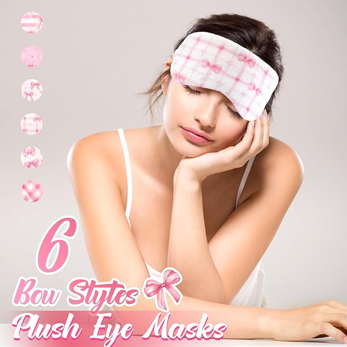 Cuffbow 6 Pcs Plush Sleep Eye Mask Silk Furry Eye Covers for Sleeping Cute Sleep Mask Fluffy Comfortable Sleeping Blindfold for Travel Sleepover Nap Party Supply Women(Plaid Bow,Pink)