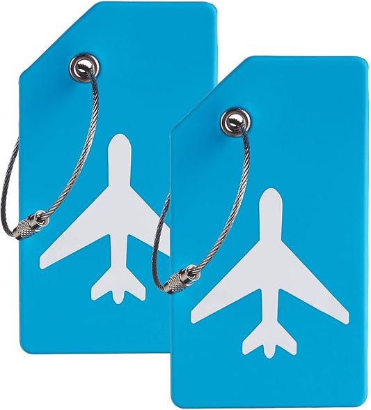Gostwo 2 Pack Silicone Luggage Tags for Suitcases, 26 Initial Letter Baggage Labels Handbag School Bag Suitcase Instrument Tag with Stainless Steel Loop(Sky Blue)(Airplane)