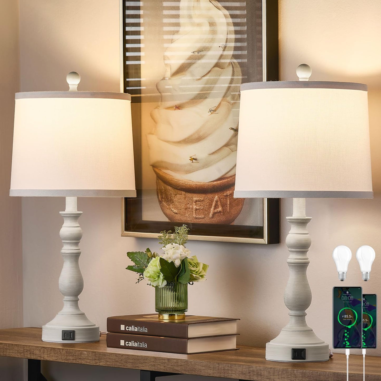 Leasgy 23'' Farmhouse Table Lamps for Living Room Set of 2 with USB C+A Ports, Retro Bedside Lamp for Bedroom, Office, Dining Room, Knob Switch, 3 Color Temperatures, Bulb Included, Beige