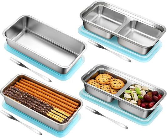 vovoyager Stainless Steel Snack Containers with Lids, Reusable Bento Lunch Container Box, Food Storage, Leak Proof, Dishwasher-Safe, Grab and Go for Work, 2 Single + 2 Double Compartment