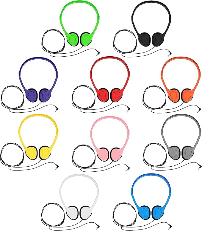 Maeline Bulk Classroom Student Headphones On Ear Stereo Headphones Flexible Adjustable Band for Kids Online Learning, Library, School, Airplane, Travel - 3.5mm Plug - 50 Pack - Multi