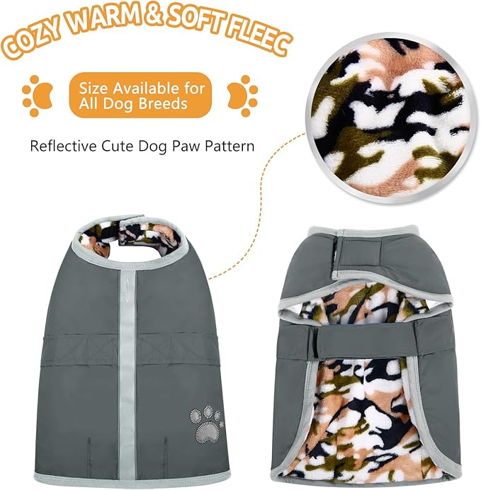 Queenmore Dog Winter Coat, Cold Weather Fleece Jacket for Dogs, Waterproof Reflective Reversible, for Small, Medium and Large Dogs (Grey, M)