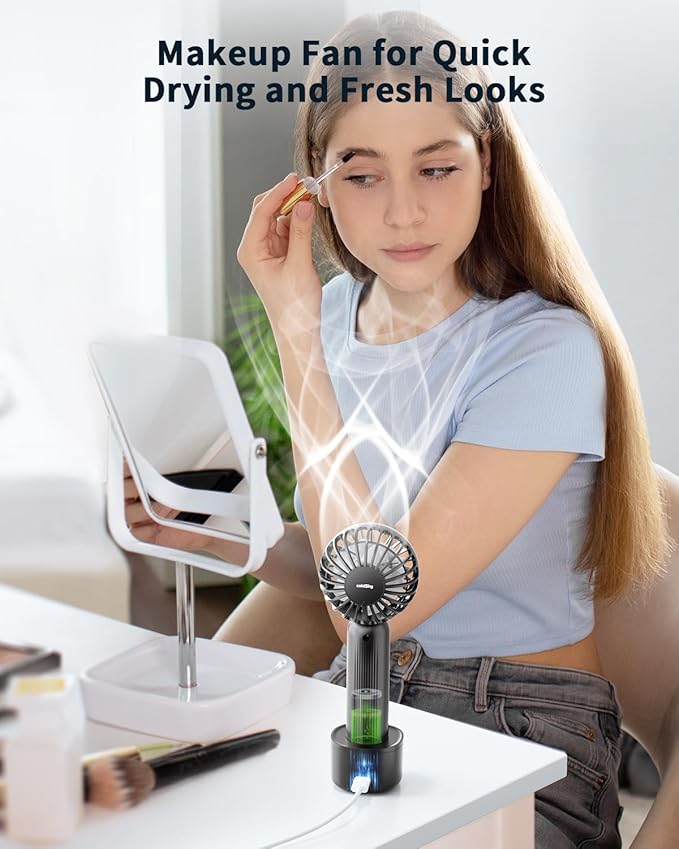 Handheld Fan with 𝗪𝗶𝗿𝗲𝗹𝗲𝘀𝘀 Charging Base, 3 Speeds Portable Fan with Digital Display, 2000mAh Battery Operated Hand Held Fan, Handheld/Desk 2 in 1 Personal Fan Lash Fan Makeup Fan (Black)