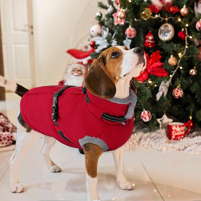 AOFITEE Dog Jacket, Large Dog Coat with Harness Built in, Warm Fleece Lined Pet Winter Jacket with Zipper & Furry Collar, Waterproof Pet Snow Coat Snowsuit for French Bulldog, Christmas Red L