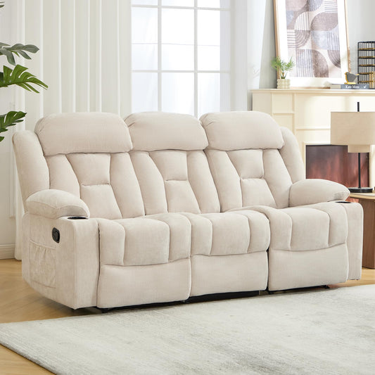ANJ Manual Recliner Sofa,Chenille Fabric Reclining 3-Seat Living Room Furniture Sets with Cup Holders,Side Pocket,Wall-Hugger Design for Living Room Home Theater Bedroom RV,Beige