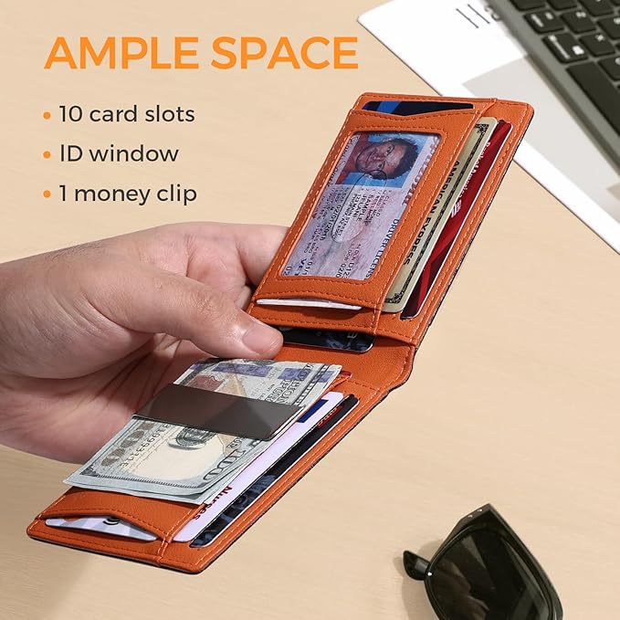 RUNBOX Slim Wallets for Men - Leather Money Clip Mens Wallet - RFID Blocking Front Pocket Bifold Wallet - Thin Credit Card Holder with Gift Box