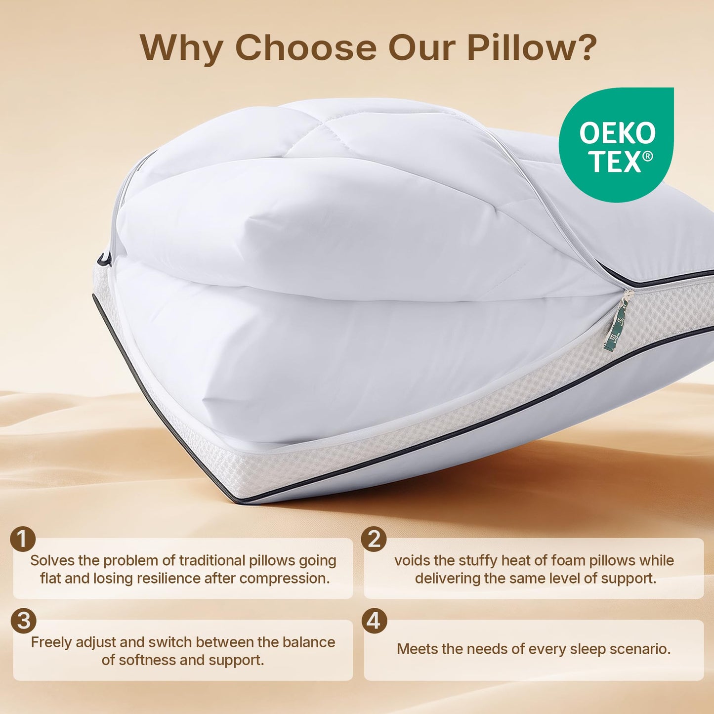 SurChic Luxury Adjustable Pillows Queen Size Set of 2 for Side Sleepers, Dual Layer Adjust Height Soft Firm Cooling Bed Pillow for Back, Stomach or Side Sleepers - Hotel Collection