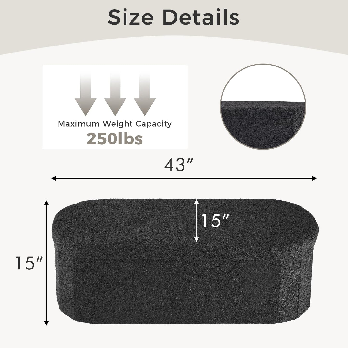 DUMOS Ottoman Bench End of Bed, 43 Inch Ottoman with Storage, Foot Rest Bench Stool with Cushion, Oval Round Folding Storage Chest for Bedroom, Living Room, Entryway, Dorm, Teddy Fabric, Black