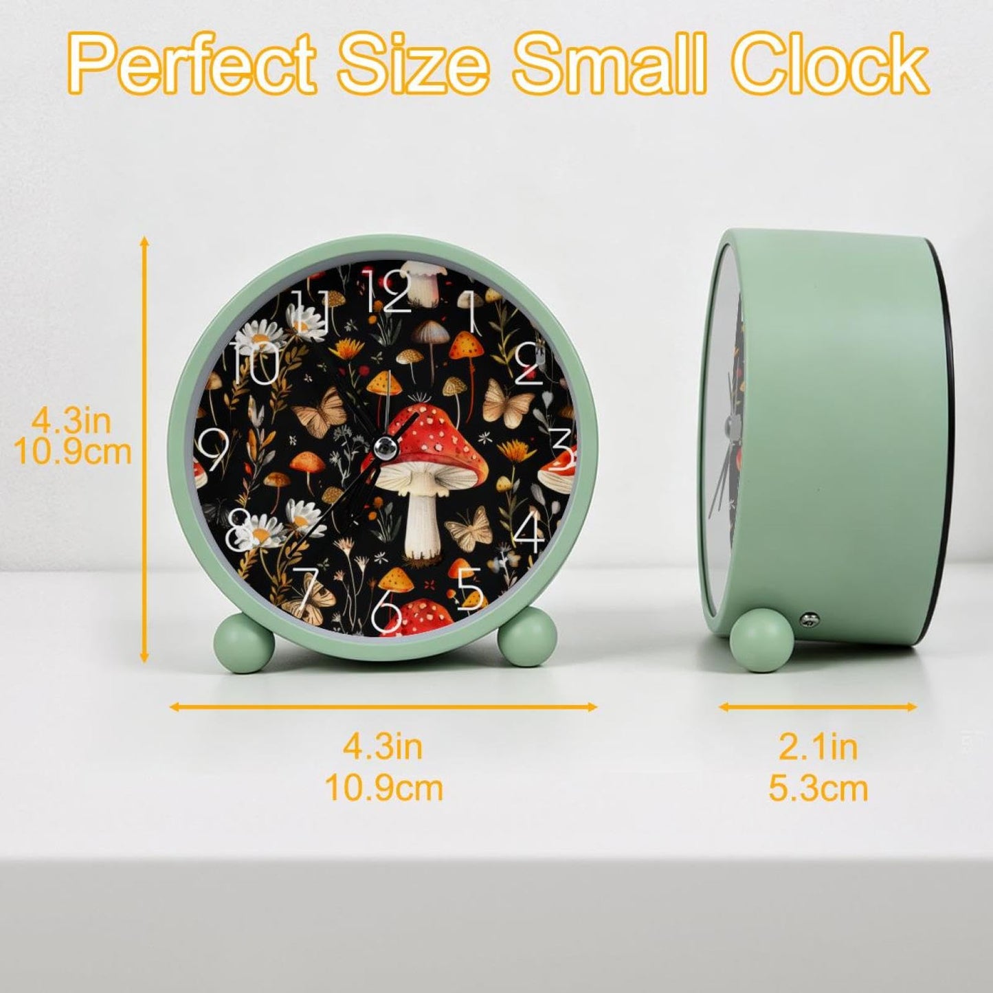 IROLSKDNFH 4.3" Decorative No Ticking Analog Alarm Clock, Battery Operated Desk Clock with Light, Easy to Set, for Bedroom, Kids, Seniors, Aesthetic Mushroom Butterflies and Flowers