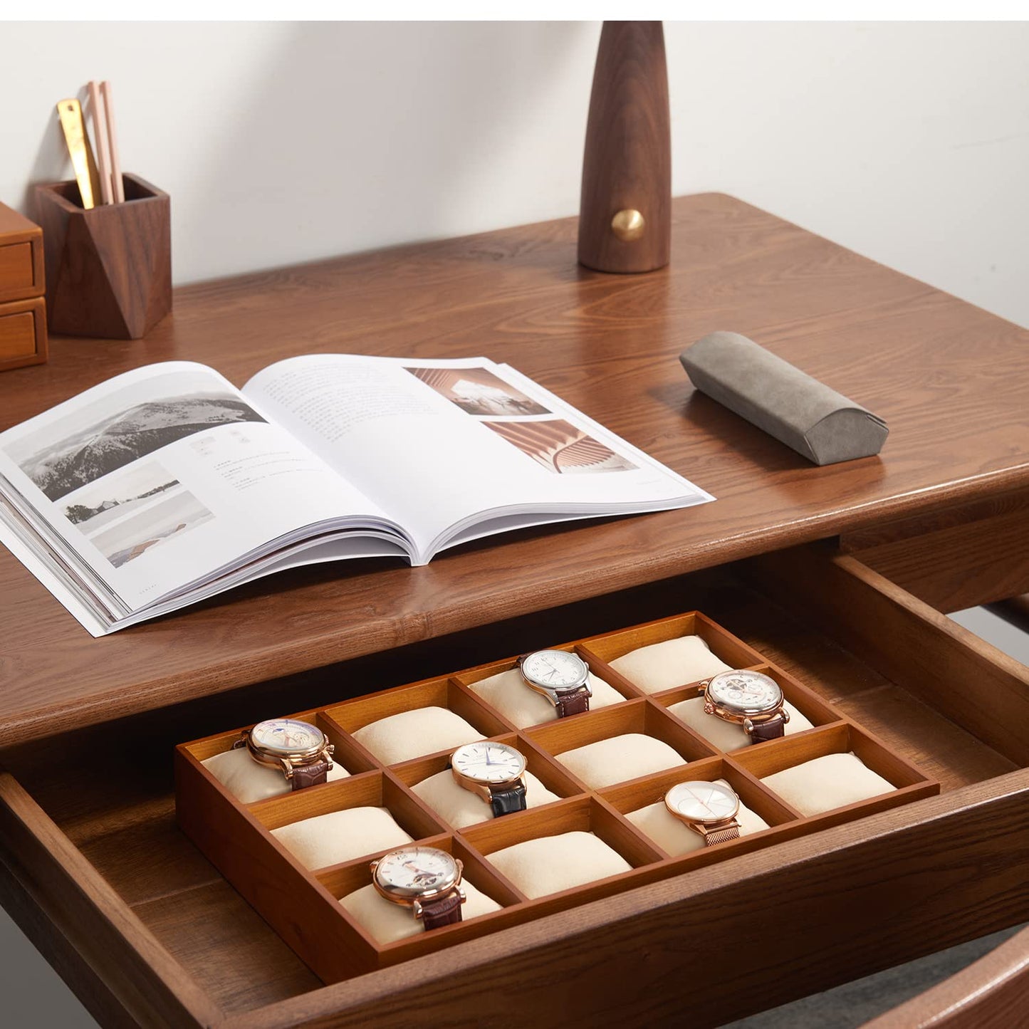 Woodten Solid Wood Watch Storage Tray for Drawer Watch Pillow Organizer Display Tray Showcase (Beige)
