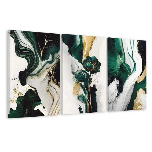 EJPFOGV Large Framed Abstract Wall Art Set of 3, Green and Gold Marble Texture with Floral Motif, Easy to Hang & Fade Resistant Art Prints, Wall Decor for Bedroom, Living Room, Home Office, 20x30 Inch