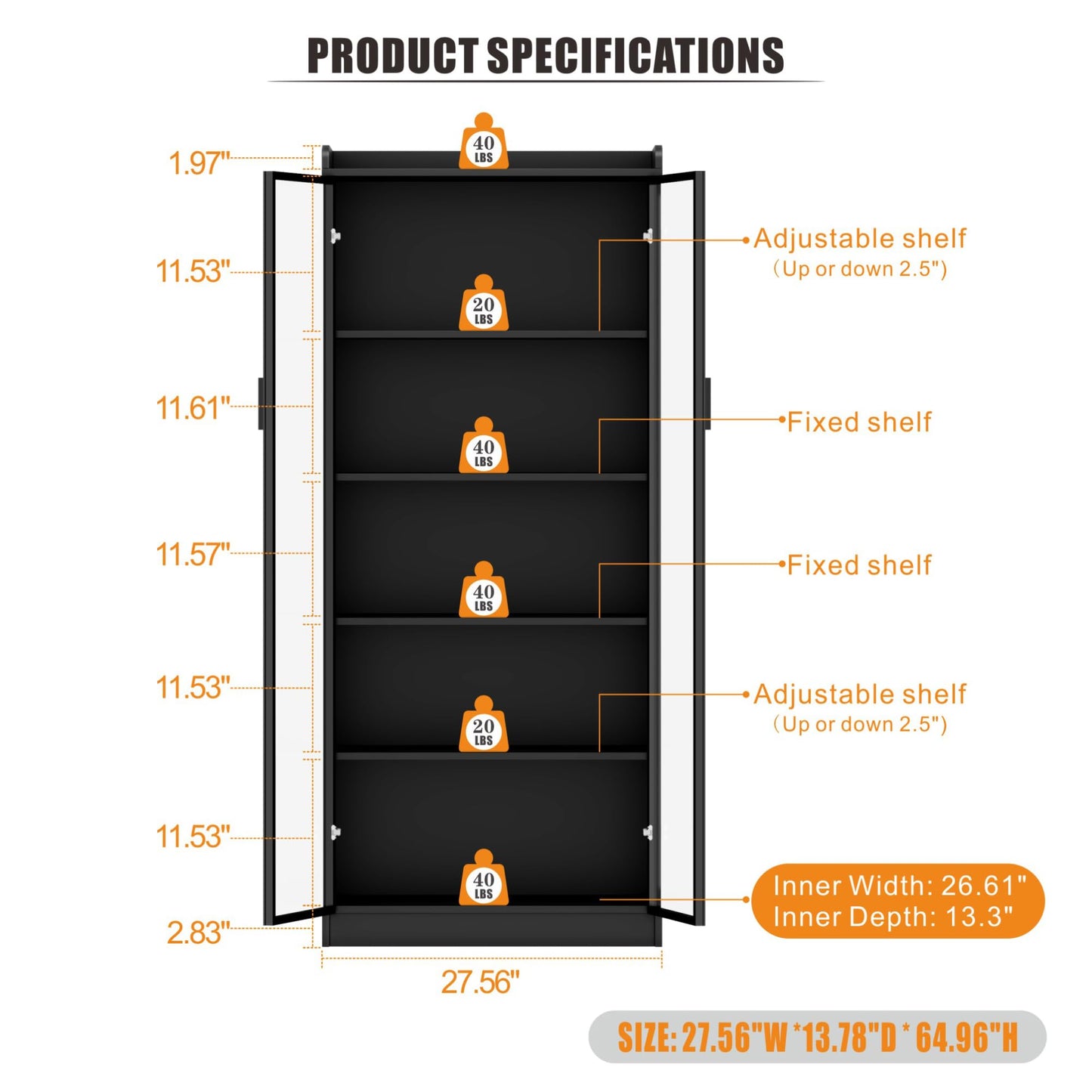 Dystler Display Cabinet with Doors and Adjustable Shelves, 65" Tall Bookcase with LED Lights/Human Sensor, 5 Tier Display Case for Collectibles Bedroom Living Room Office, Black