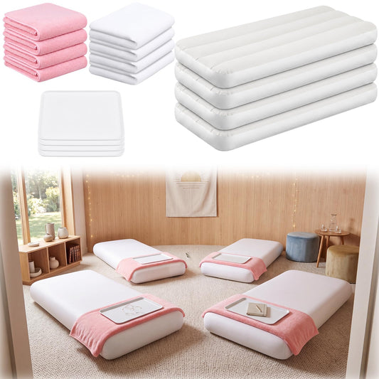 Windyun 4 Pack Kids Air Mattress Set, 63 x 27 x 8 Inch Toddler Blow Up Mattress with Washable Blankets, Sheets and Trays, Inflatable Travel Bed for Kids Ages 3-10, Sleepover Party Supplies, Pink White