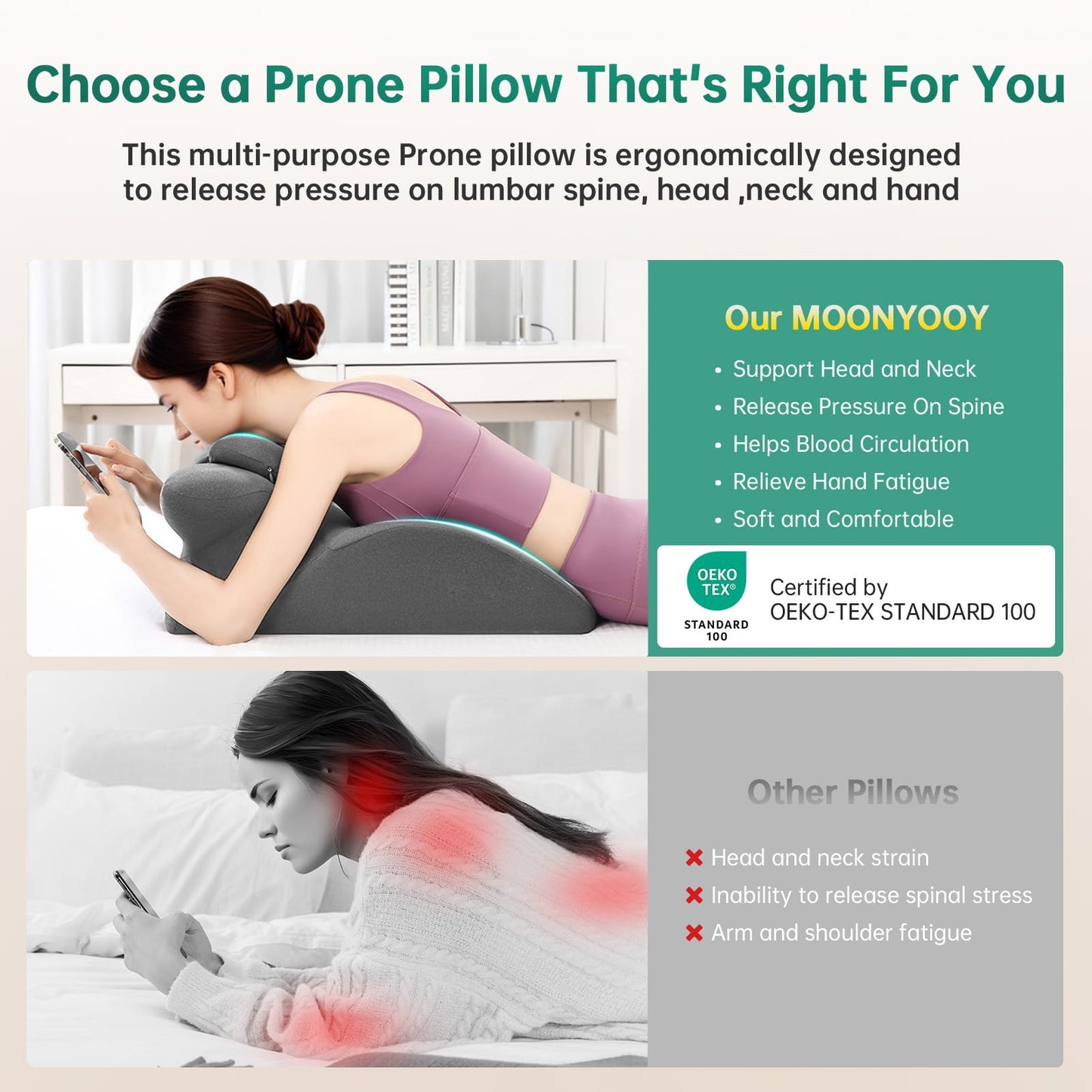 MOONYOOY Memory Foam Ergonomic Rest Pillow for Sleeping, Acid Reflux & GERD Relief - Elevation Bed Support Pillow for Back Pain, Post Surgery Recovery, Reading with Removable Washable Cover Gray