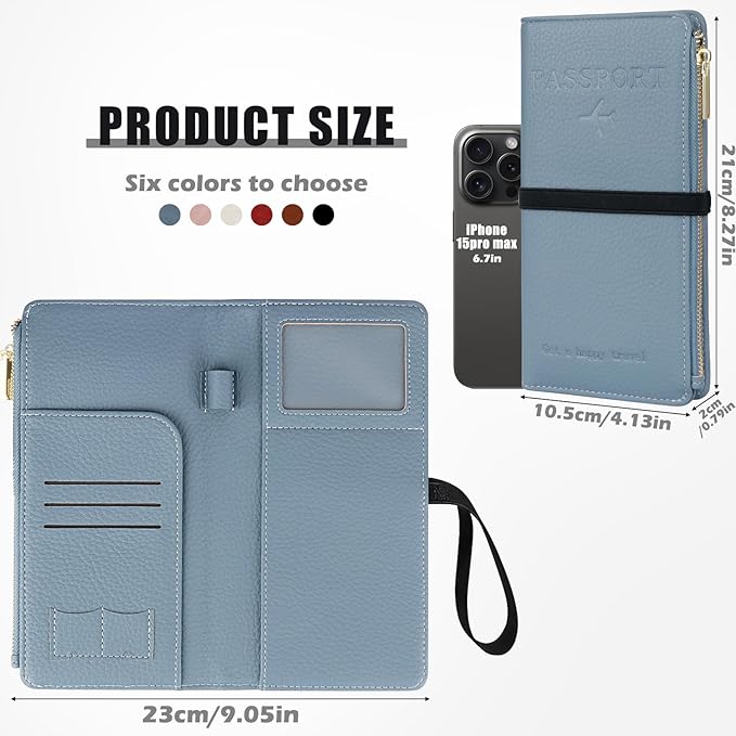 Travel Passport Wallet, RFID Blocking Passport Holder with Zipper, Passport Cover for Women Men, PU Leather Travel Document Organizer with Card Slots, Gift for Family Friends, Blue