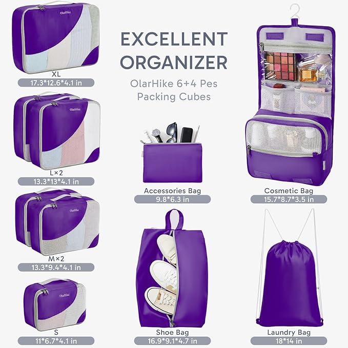 ALL INCLUDED 10 Set Durable Packing Cubes for Suitcases,OlarHike Essentials for Travel, UPGRADED Anti-Tear Stitching, NEW Improved Luggage Packing Organizers for Travel Accessories (Purple)