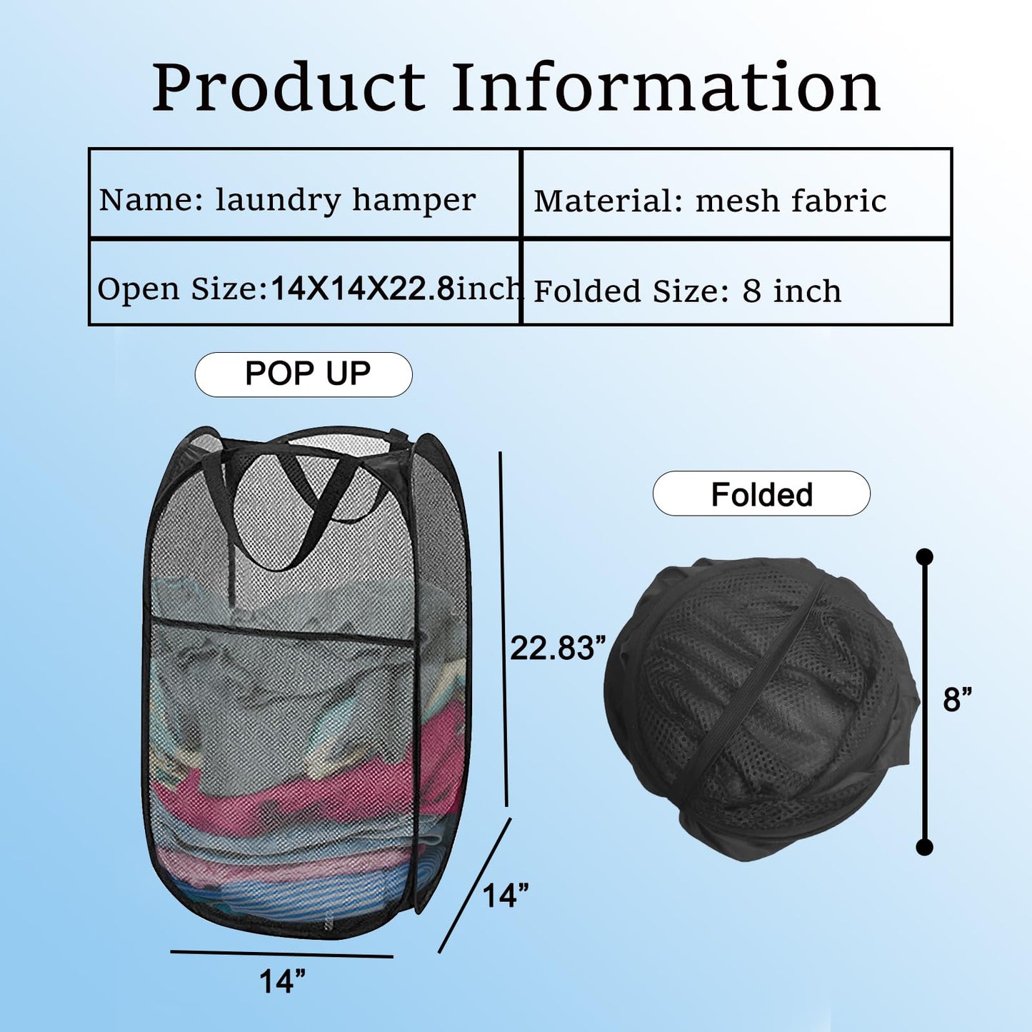 Aplter Pack of 2 Pop Up Laundry Hamper Collapsible Laundry Baskets Black Mesh Laundry Baskets with Portable Handle, Side Pocket for Bedroom, Nursery Room, Travel, Cruise