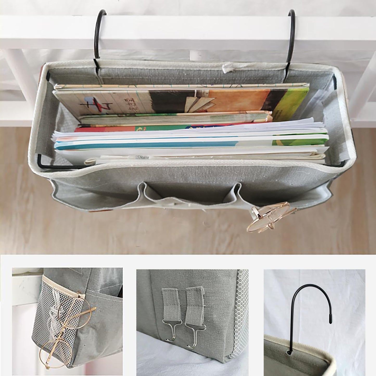 SMALIGOLA Bedside Caddy, Bedside Hanging Storage Organizer forBunk and Hospital Beds,College Dorm Bed，Can be Placed Glasses Books Mobile Phones (Black1)