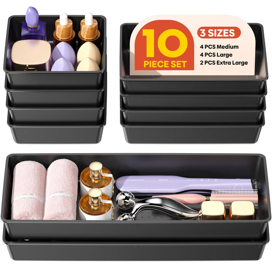 MLIKLU 10 Pack Large Size Plastic Drawer Organizers Set, 3 Sizes Desk Drawer Organizer Trays, Storage Bins for Vanity, Makeup, Bathroom, Kitchen Utensils and Office (Black)