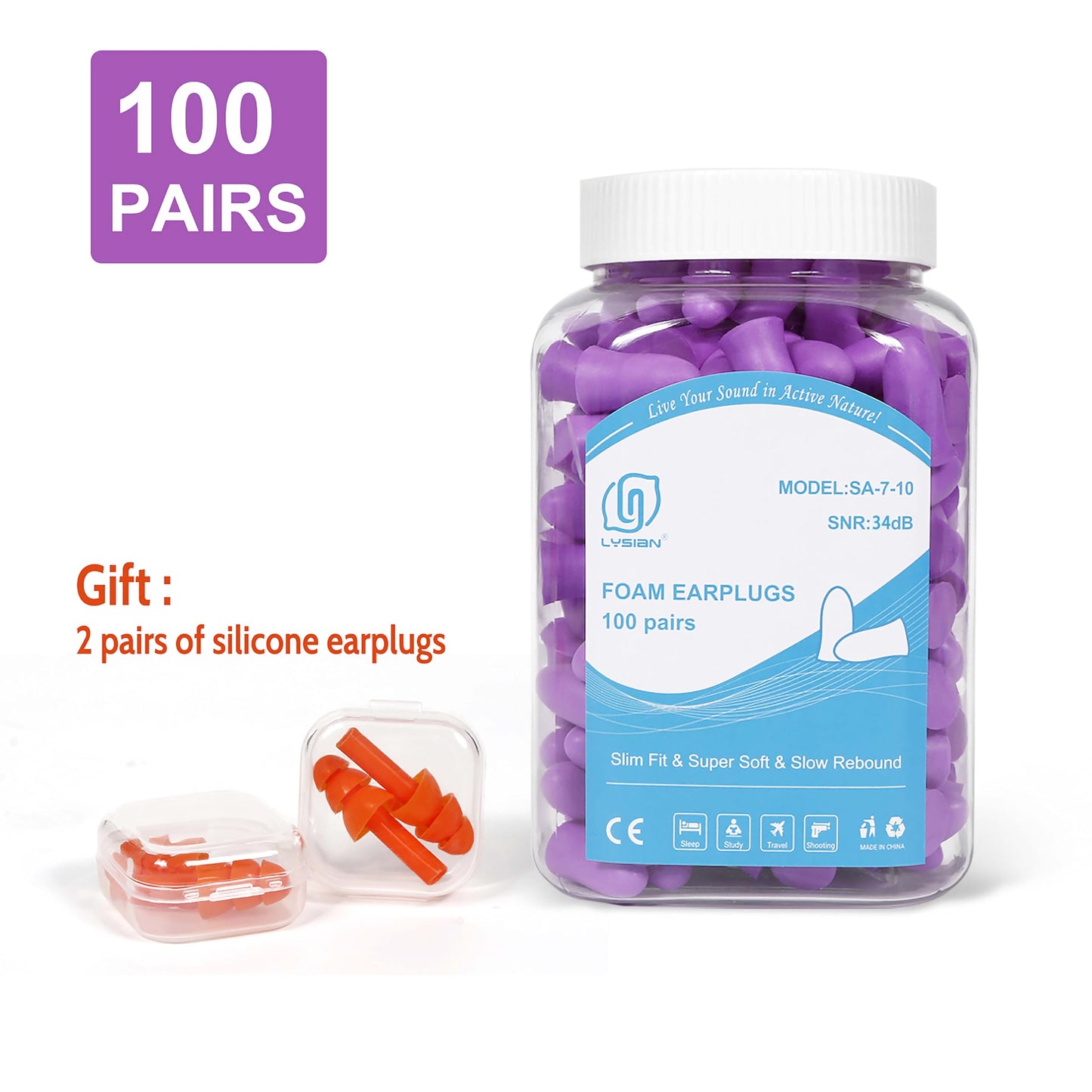 LYSIAN Slim Fit Foam Ear Plugs for Small Ear Canals, 100 Pairs 35dB SNR Noise Reduction Earplugs for Study, Travel, Work and Daily Quiet, Women, Teens, Purple