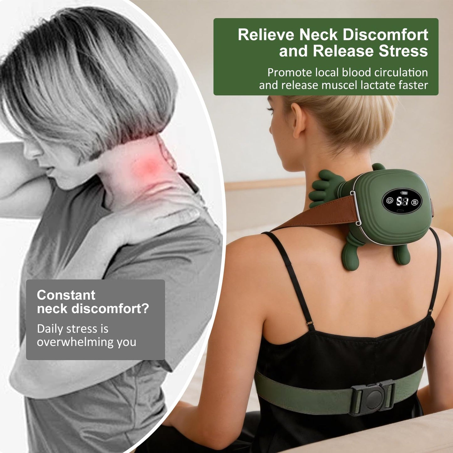 Neck Massager with Heat, Bionic Shiatsu Neck and Shoulder Massager with 4D Kneading Fingers, LCD Display & Adjustable Intensity, Heated Neck Massage Device Simulates Real Palm to Relax Muscle Tension