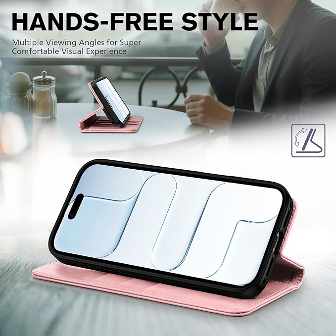 TUCCH Case Wallet for iPhone Air (6.5") 2025, RFID Blocking 3 Card Holders | Kickstand | PU Leather | Protective Flip Folio Cover | TPU Shockproof Interior Shell | Pink