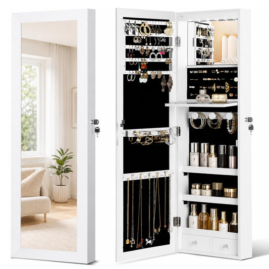 JOYUSAEN Over the Door Jewelry Organizer, Wall Mounted Jewelry Cabinet, Hanging Mirror with Storage Box, Wall/Door Mounted Full Length Mirror with LED