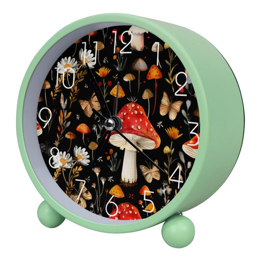 IROLSKDNFH 4.3" Decorative No Ticking Analog Alarm Clock, Battery Operated Desk Clock with Light, Easy to Set, for Bedroom, Kids, Seniors, Aesthetic Mushroom Butterflies and Flowers
