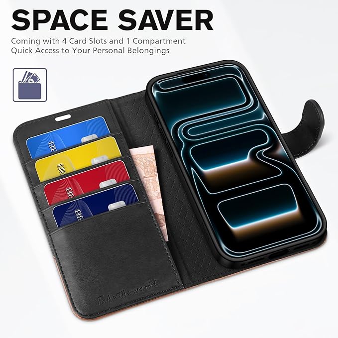 TUCCH Wallet Case for iPhone 17 Pro (6.3") 2025, RFID Blocking 4 Card Slots, Kickstand, Shockproof TPU Shell, PU Leather, Magnetic Closure, Protective Flip Folio Cover, Black & Brown