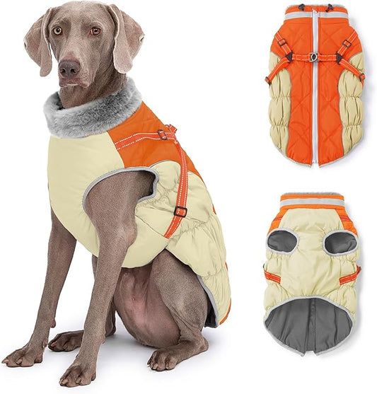 Abuandi Dog Winter Coat with Harness, Dog Jacket, Pet Clothes with Zipper on Back, Waterproof Windproof Warm Vest, Reflective Cold Weather Coats, for Small Medium Large Dogs, Thick, Orange, M
