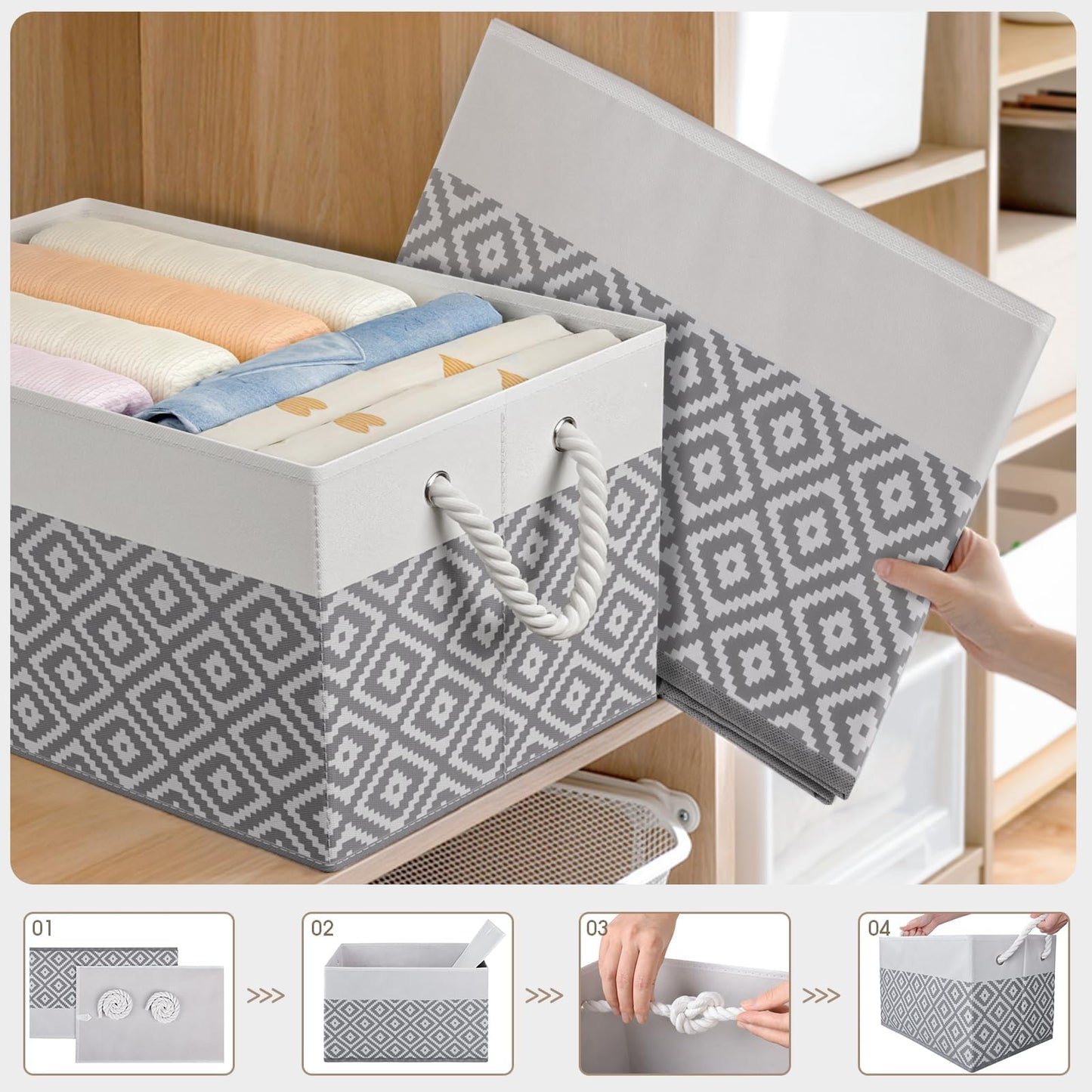 StorageTastic Storage Bins, 3-Pack Large Storage Box with Rope Handles, Collapsible Storage Basket for Organizing Books, Clothes, Rhombic Grey