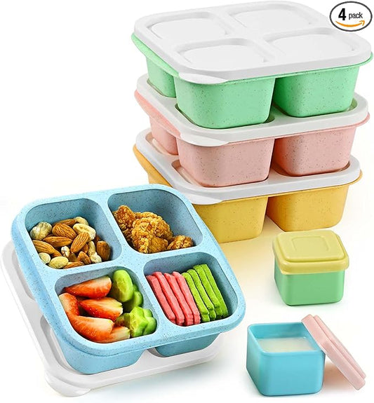 Caperci Lunchable Snack Containers - 4 Compartments Bento Snack Boxes (4 Pack) with 2 Leakproof Sauce Cups, Reusable Divided Food Containers for School, Work, Travel (Vintage Colors)