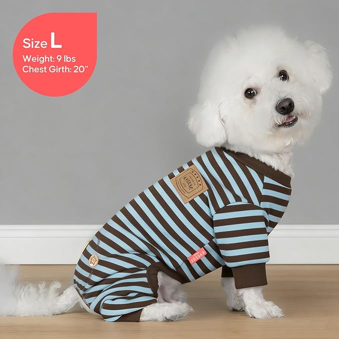 KYEESE Dog Pajamas, Stretchy Fleece Dog Pajamas for Small Dogs Puppy Jumpsuit, Warm Doggie PJS Pet Onesie Clothes with 4 Legs Sleepwear, Lightweight Cat Apparel, Blue Striped, S