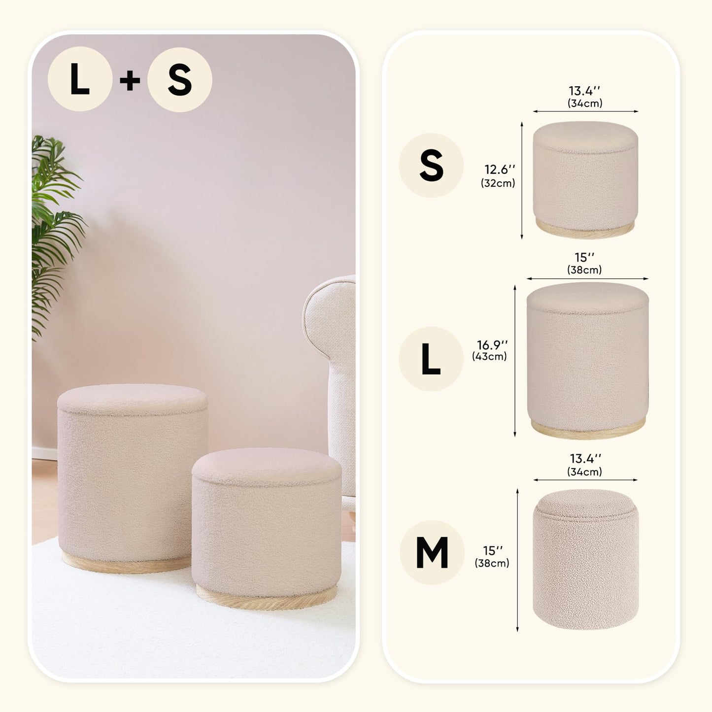 PINPLUS Round Ottoman with Storage Set of 2, Vanity Stool with Storage, Small Ottoman with Tray Teddy Velvet Foot Rest Stool for Bedroom, Living Room, Dorm (Beige)