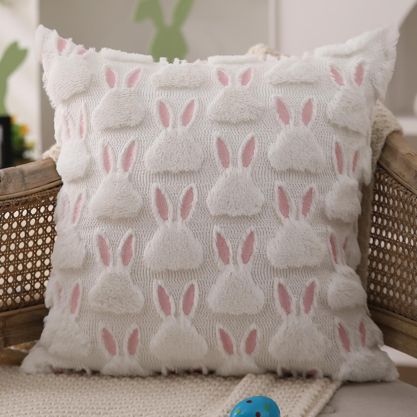 DFXSZ Easter Pillow Covers 16x16 inch Set of 2 Easter Decorations Pink Ears White Rabbit Soft Plush Faux Fur Jacquard Throw Pillows for Bedroom Sofa Holiday Festivals Home Decor FHJ-07D16