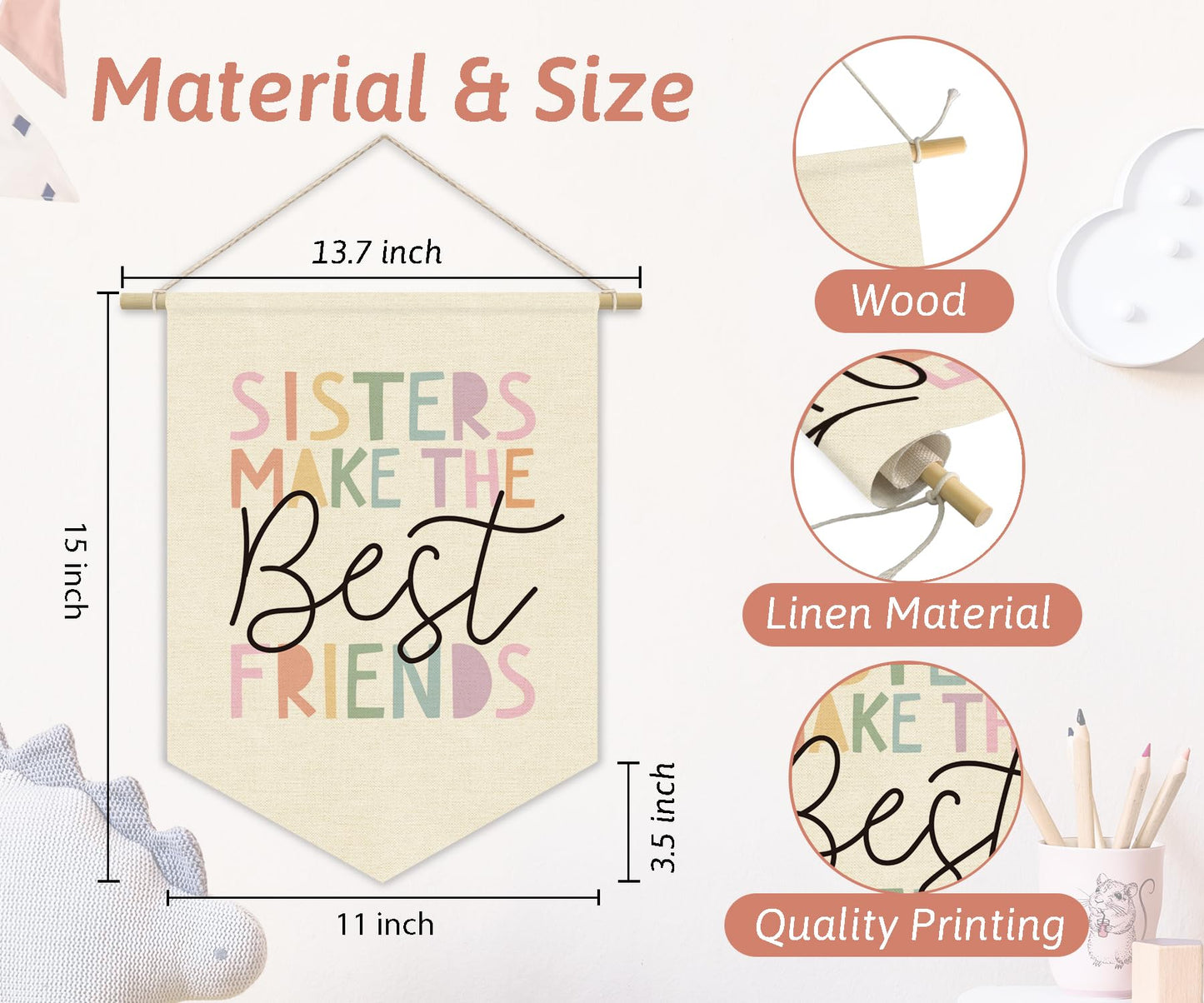 XYDEG Girls Room Wall Art Decor,Cute Toddler Girl Room Pink Nursery Bedroom Playroom Canvas Banner Decorations,Sisters Make The Best Friends Wall Hanging Pennant Flag Banner for Teen Little Girls