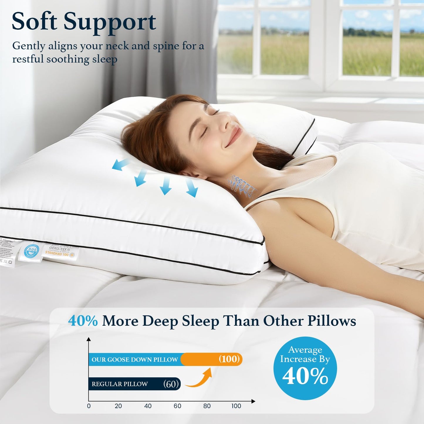 LIANLAM RDS & Oeko‑TEX Certified Hungarian Goose Down Pillow Queen Size 2 Pack, Luxury Hotel Soft Fluffy for Back & Side Sleepers(20"x30",2 Pack)