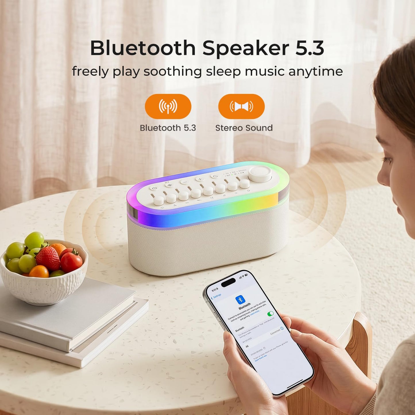 White Noise Sound Machine for Sleep with 256 Mixable Sounds & Bluetooth Speaker,3-in-1 Portable Sound Machine, 9 Color Adjustable Night Light, Automatic Timing & Rechargeable Battery for Adults Kids